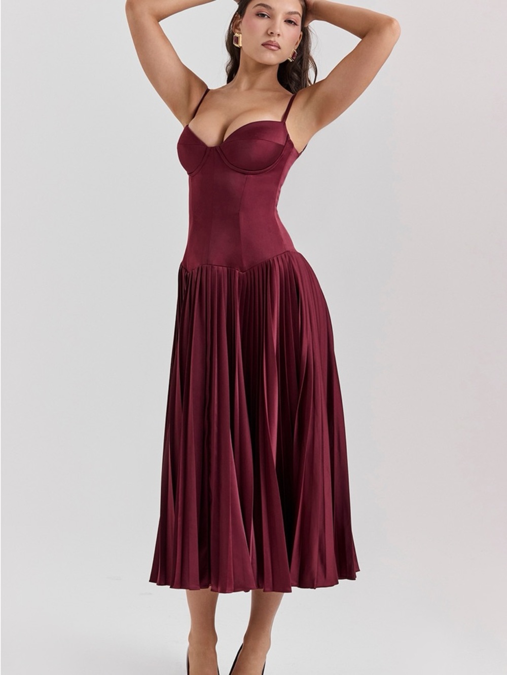 House of CB Burgundy Pleated Midi Dress